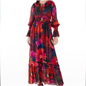 Farm Rio Bird Flowers Long Sleeve Tiered Maxi Dress